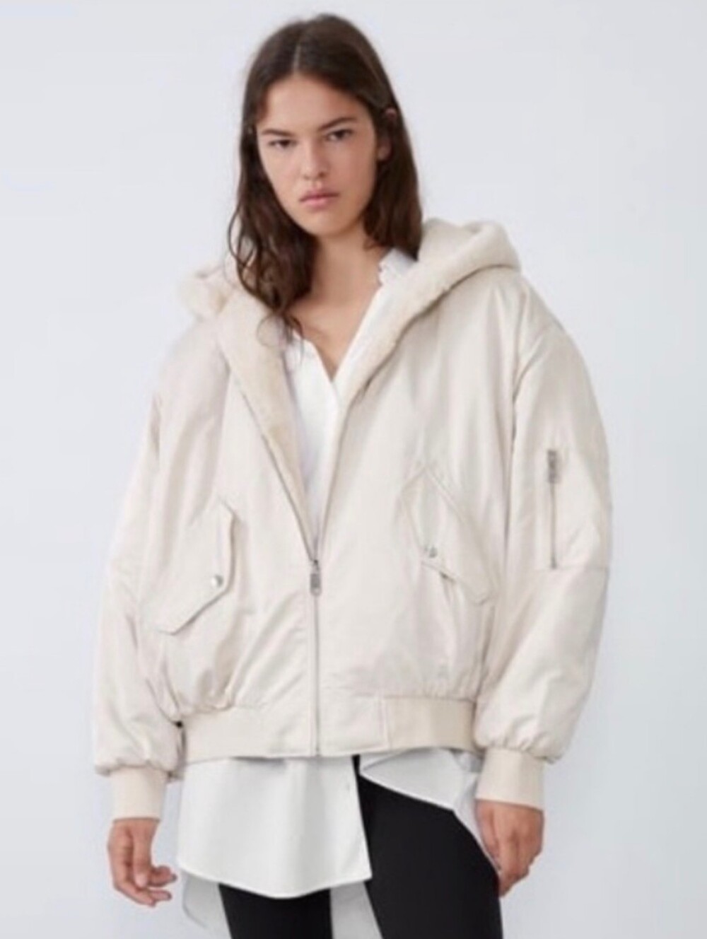 Zara Double Faced Reversible Cream Hooded Bomber Faux Fur Jacket XS